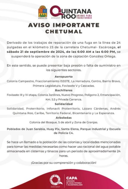 Anuncian corte de agua en Chetumal para este sábado 21 de septiembre