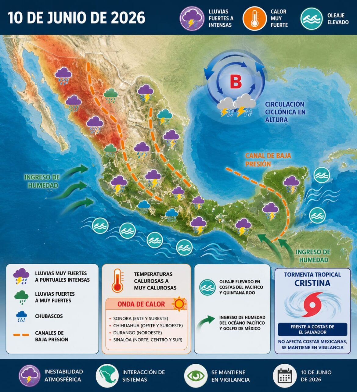Pronostican lluvias fuertes a intensas en el golfo y la región sureste de México
