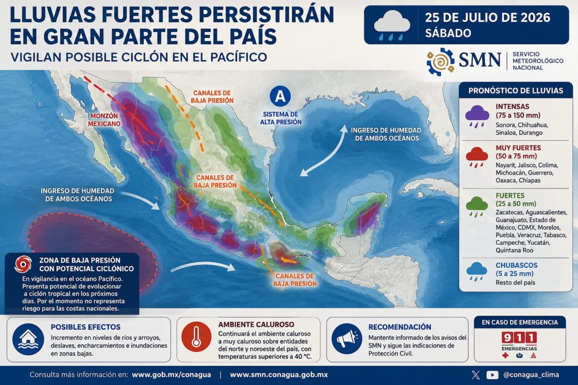 Lluvias fuertes persistirán en gran parte del país; vigilan posible ciclón en el Pacífico