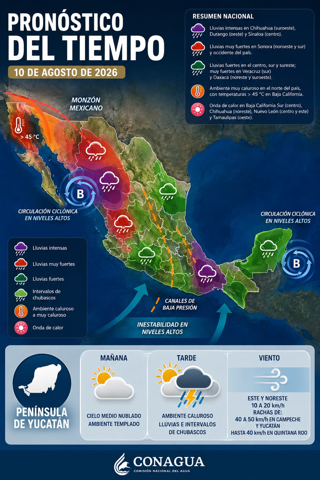 Habrá lluvias fuertes en el centro, sur y sureste del territorio nacional