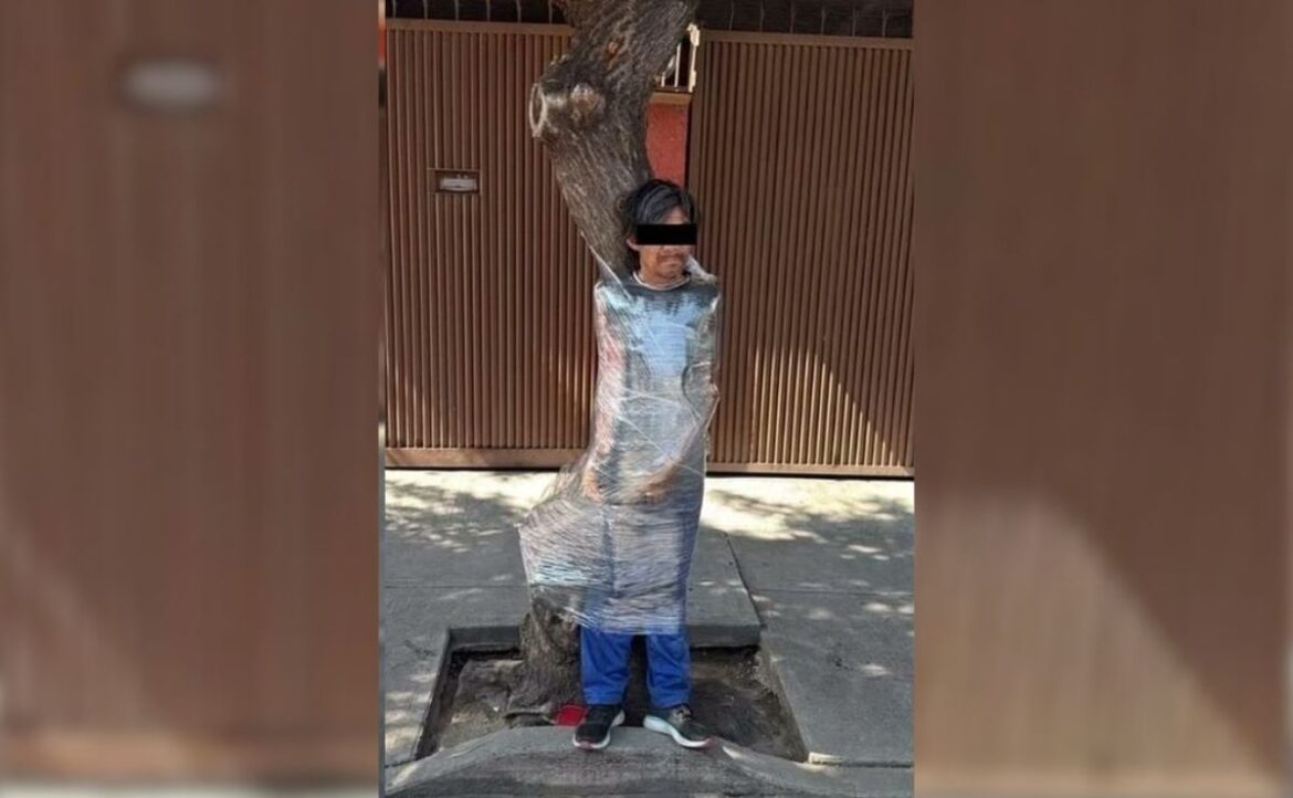 Envuelto para regalo: Vecinos emplayan a presunto ladrón de bicicleta contra un árbol en la CDMX